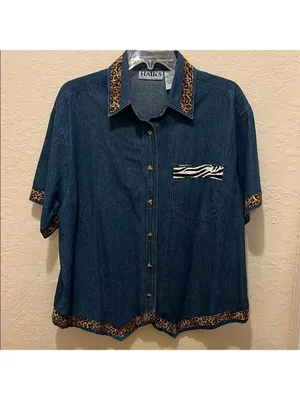 Vintage Blue Denim Shirt with Leopard and zebra Trim • Jean shirt • Jean jacket thumbnail 2