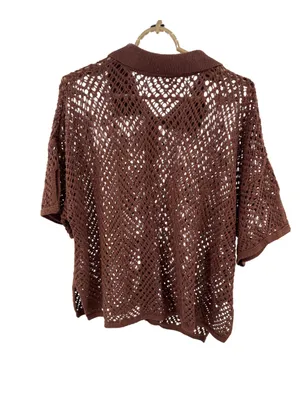 wild fable Brown metallic Open-Knit short sleeve crocheted Sweater L button up thumbnail 2