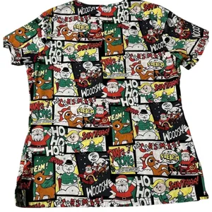 Rudolph Red Nosed Reindeer Christmas Scrub Top Comic Strip Holiday Womens XS thumbnail 9