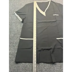 Womens Black White Trim V-Neck Scrub Top Short Sleeve Housekeeping Uniform Large thumbnail 6