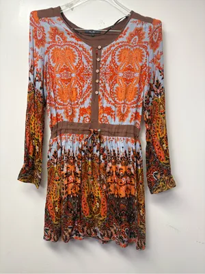 Miss Me Women's Sz L Boho Paisley Western Tunic Drawstring Waist Lined Top thumbnail 1