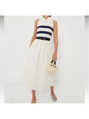 Tuckernuck Ivory Stripe Marina Midi Dress Small Collared Coastal Nautical Prep thumbnail 2