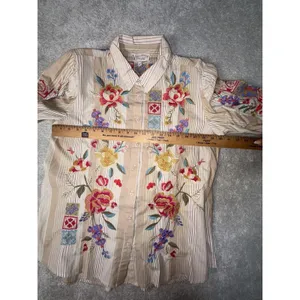 Johnny Was Petunia Smocked Lisbon Shirt Med Embroidered Floral Button Down‎ thumbnail 3