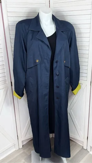 Vintage 90s Gantos Long Trench Rain Coat Navy Blue Yellow Size 14 Oversized thumbnail 1