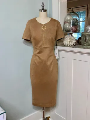 Calvin Klein Faux Suede Zip-Front Midi Dress Tan Camel Brown NWT Size 10 thumbnail 12