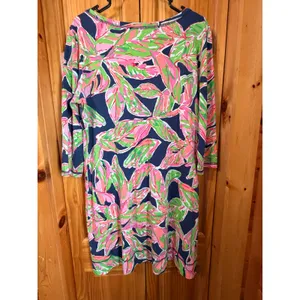 Lilly Pulitzer Palmetto V-Neck Pima Cotton Dress Pink Green Tropical Leaf XL thumbnail 3