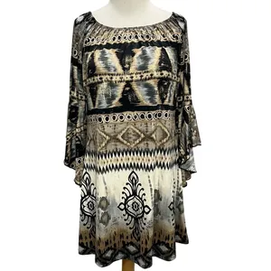 Parker Mini‎ Dress XS Black Gray Tan Gold Abstract Stretch Bell Sleeve Boho Chic thumbnail 2