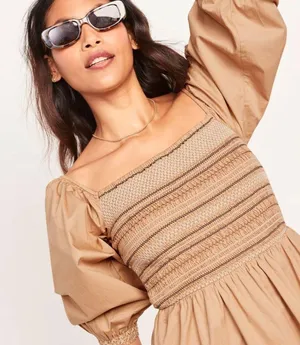 Old Navy NEW Fit & Flare Off-The-Shoulder Puff-Sleeve Smocked Cotton-Poplin Midi Dress thumbnail 2