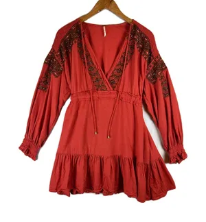 Free People Beaded Boho Tunic Dress Burnt Orange Red Long Sleeve L‎ Peasant Folk thumbnail 1