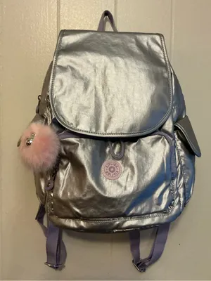NWT Kipling city pack Metallic Backpack Purple Straps Monkey Zip Pockets Bag thumbnail 1