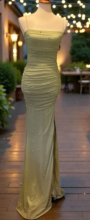 Windsor Shimmering Desire Sage Rhinestone Ruched Mesh Formal Dress XS thumbnail 1