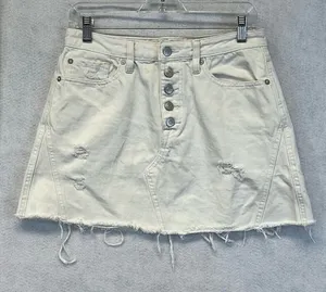 FREE PEOPLE White Denim Jean Mini Skirt 29 Cotton Distressed Raw‎ Hem Button Fly thumbnail 1