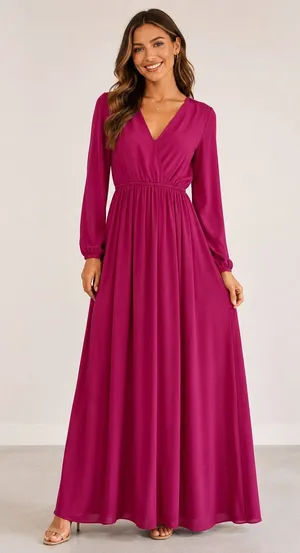 Lulus Pink Magenta Long Sleeve Maxi Formal Bridesmaid Dress Womens XS Faux Wrap thumbnail 1