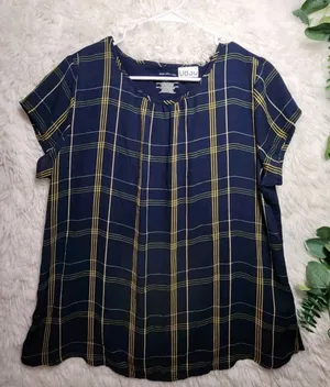 ✨ Van Heusen Women’s Plaid Short Sleeve Blouse Navy & Yellow thumbnail 1