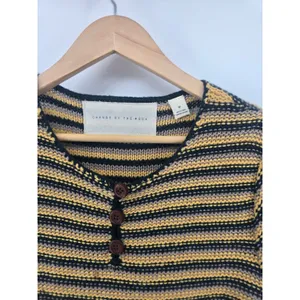 Change of‎ the Moon Sweater Top Womens Medium Yellow Black Striped Henley Knit thumbnail 2