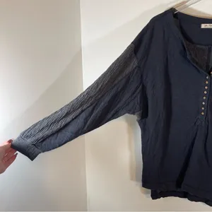 Free People BACK AT IT BOHO COTTON HENLEY TOP 2-TONE BLACK CHARCOAL Size Large thumbnail 7