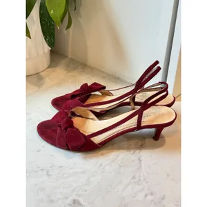 Kate Spade Sandals Womens 7.5 Burgundy Suede Bow Slingback Kitten Heel Italy thumbnail 3