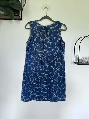 Vintage‎ J.L N.Y. Sport Denim Blue w/ White Embroidered Leaves Mini Dress Large thumbnail 2