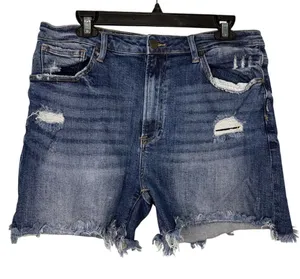 Risen Jean Shorts Frayed Hem Women's Plus Size 2X Distressed Denim Medium Wash thumbnail 1