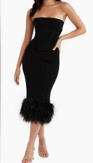 Fionula Strapless Feather Hem Midi Dress Size M thumbnail 1