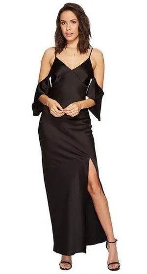ASTR THE LABEL Kendra Cold Shoulder Satin Maxi Dress, Black, Medium thumbnail 1