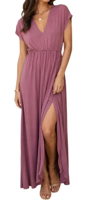 NWT Lulus Rusty Rose Pink V-Neck Jersey Knit Maxi Dress Size Medium Stretch thumbnail 1