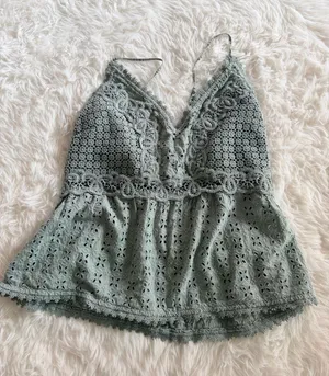 Abercrombie & Fitch Sage Green Lace Crochet Eyelet Peplum Cami Tank Top thumbnail 1