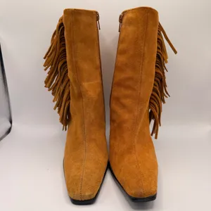 Predictions Leather Collection Tan Suede Fringe Square Pointed Toe Boots Size 7 thumbnail 7