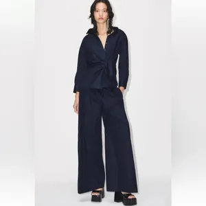 NWT ZARA navy blue wide-leg poplin trousers. Size Medium thumbnail 2