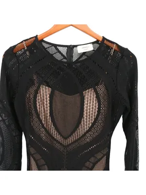 Mystic Black Lace Nude Illusion Long Sleeves Sexy Bodycon Dress L thumbnail 4