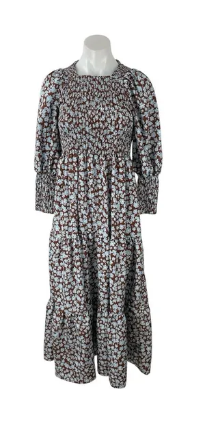 Zoya Brown Floral Shirred Long Balloon Sleeve Smocked Tiered A Line Maxi Dress 2 thumbnail 1