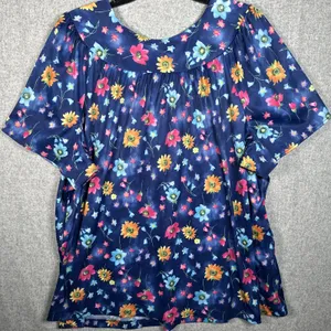 Vintage Plus Size 1X Womens Top MuuMuu Shirt Peasant Hawaiian Floral‎ Boho Blue thumbnail 11