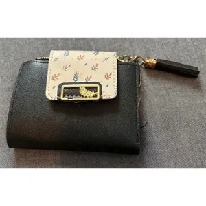 Womens Black Faux Leather Bifold Wallet Floral Snap Tassel Zipper Gold Leaf thumbnail 3
