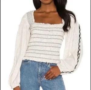 Free People Maggie Medium Embroidered Top Square Neck Smocked Puff Sleeves Ivory thumbnail 1