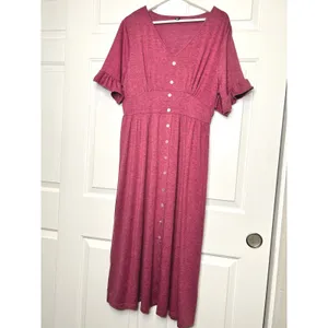 Allegra K V Neck Button Front Ruffle‎ Sleeve Midi Dress Fuchsia XL thumbnail 2