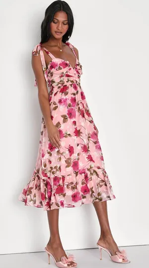 Lulu’s Pink Floral Tie-Shoulder Midi Dress thumbnail 1