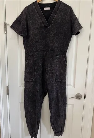 Zenana Black Mineral Wash V-Neck Jumpsuit thumbnail 1