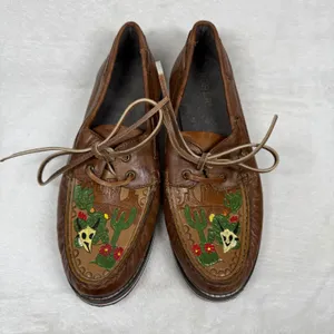 Roper Brown Leather‎ Hand Painted Cactus Skull Boat Shoes Moccasins 9 thumbnail 4