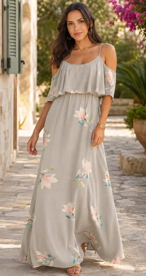 Show Me Your Mumu Caitlin Gray Floral Ruffle Cold Shoulder Maxi Dress S NWT thumbnail 1