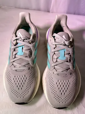 adidas Women's Light Gray Running Shoes with Aqua Stripes and Purple Heel Accent thumbnail 4