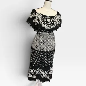 Anthropologie Black Embroidered Cotton Midi Dress Smocked Waist Pom Pom Trim 12 thumbnail 2