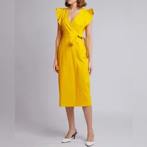A.L.C. Walker Yellow Linen Blend Wrap Midi Dress Ruffle Sleeve Size 4 thumbnail 3