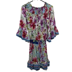 TAJ by Sabrina Crippa Dress Womens Size M Blue Floral Smocked Ruffle Mini Dress thumbnail 6