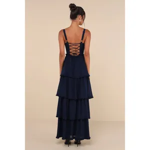 Lulus Sophisticated Occasion Navy Blue Bustier Lace-Up Maxi Dress Size L thumbnail 3