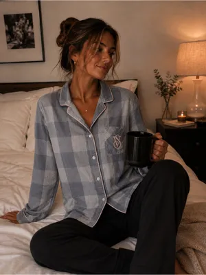 Victoria's Secret Blue Gray Plaid Pajama Top thumbnail 1
