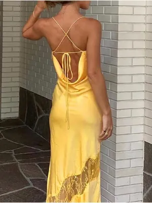 Yellow Satin Maxi Slip Dress with Lace Insert thumbnail 2