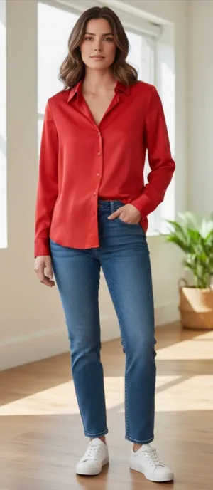 NWT A new day ong Sleeve Collared Satin Button Down Shirt Scarlet Red. XS thumbnail 1