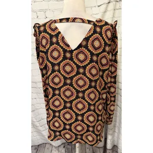 Ann Taylor LOFT Medallion Ruffle Shoulder Bar Back Blouse Long Sleeve Top Large thumbnail 6
