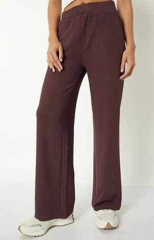 Abercrombie & Fitch Ribbed High Rise Wide Leg Pants in Brown thumbnail 1