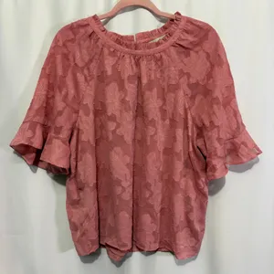 LOFT Pink Floral Jacquard Ruffle Sleeve Blouse Top 764142 L thumbnail 1